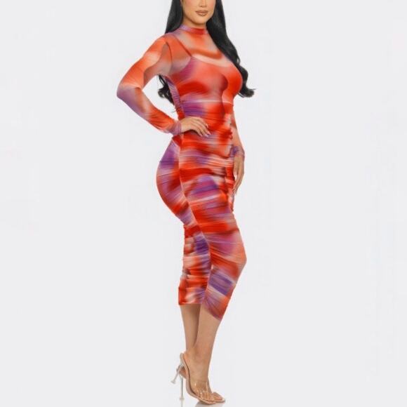 Capsulle Red Summer Heat Print Mesh Ruched Midi Bodycon Dress Sz M - Picture 8 of 14